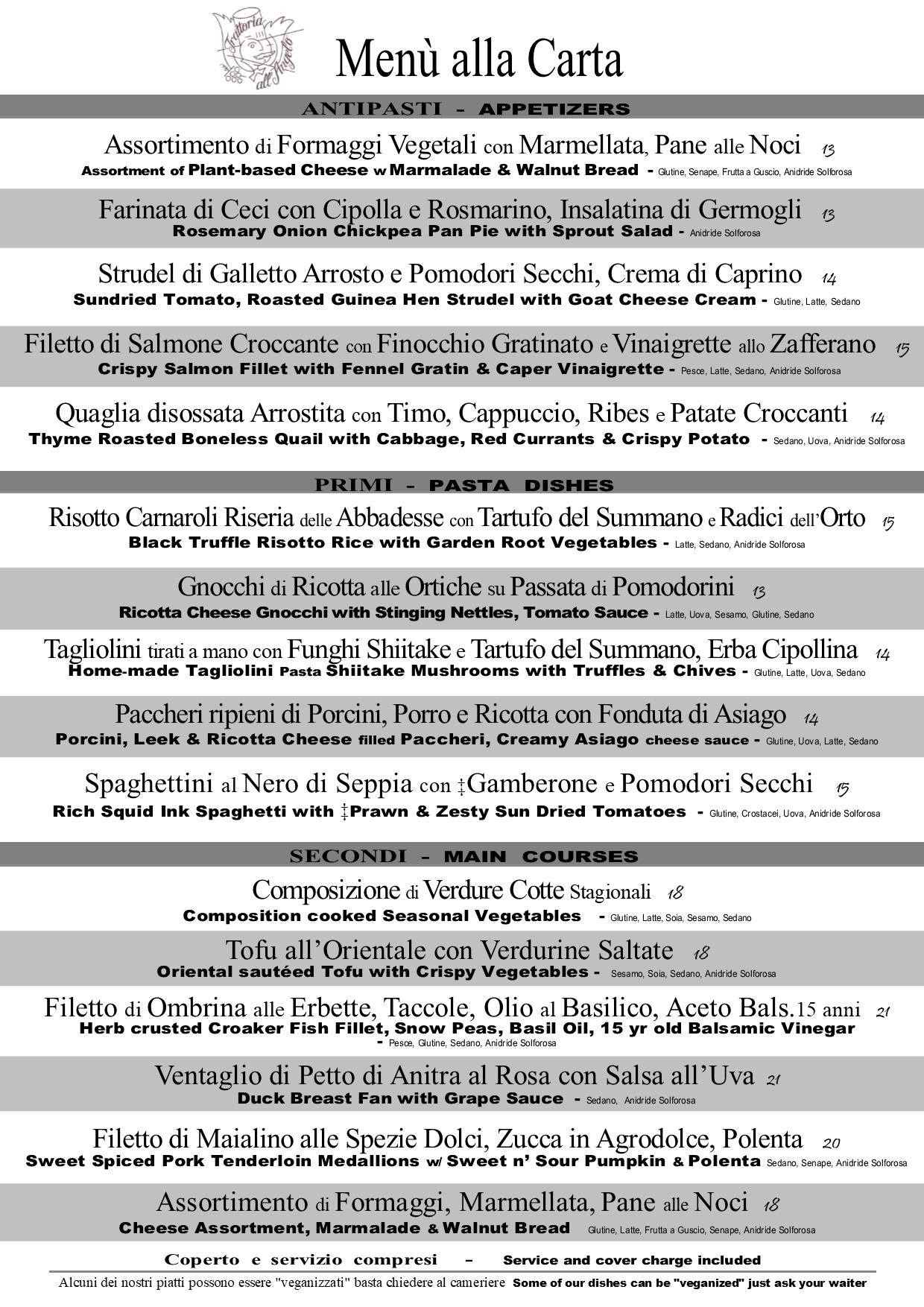 menù alla carta