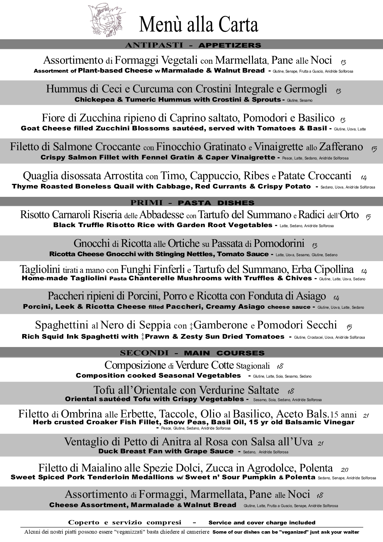menù alla carta