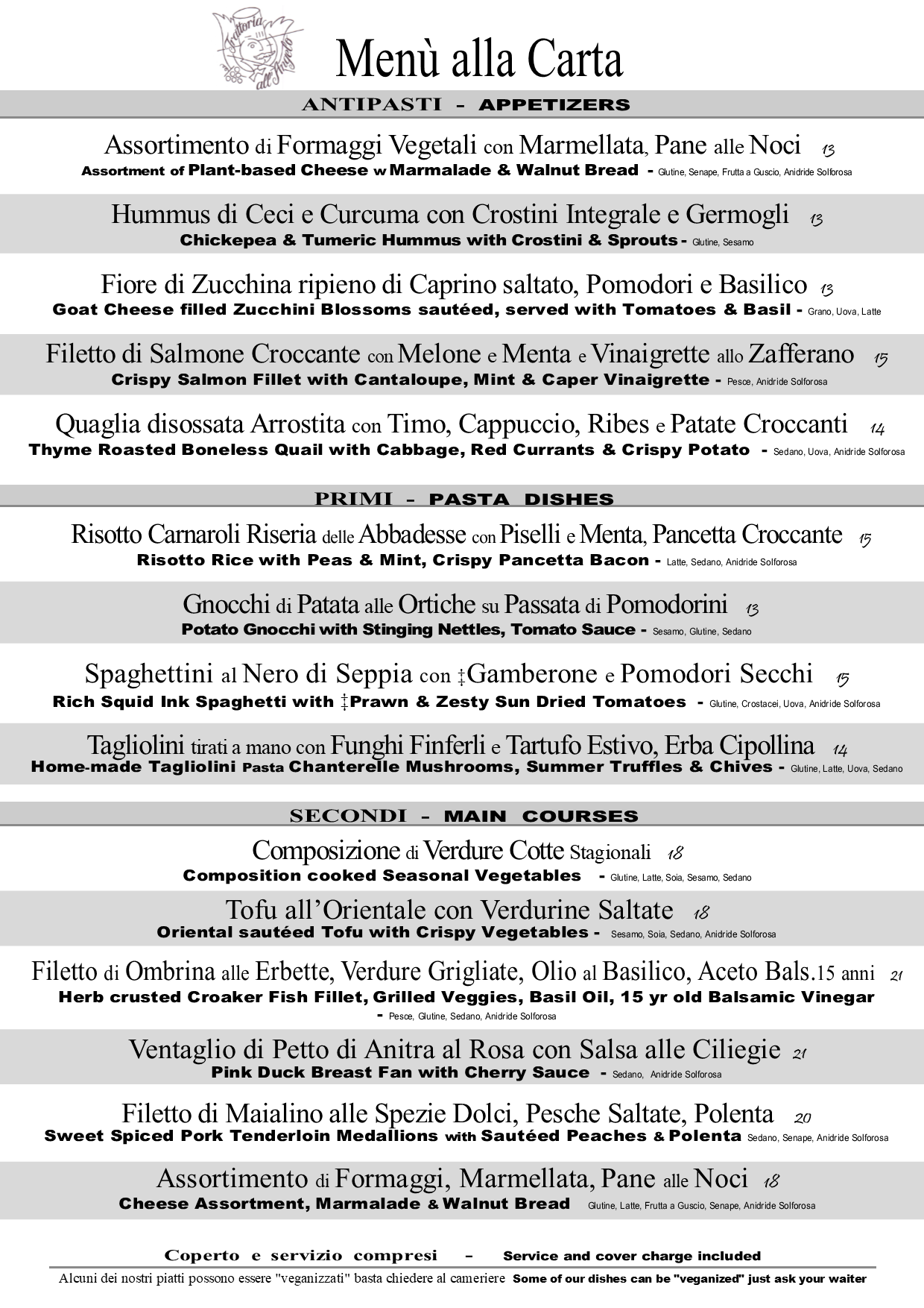 menù alla carta