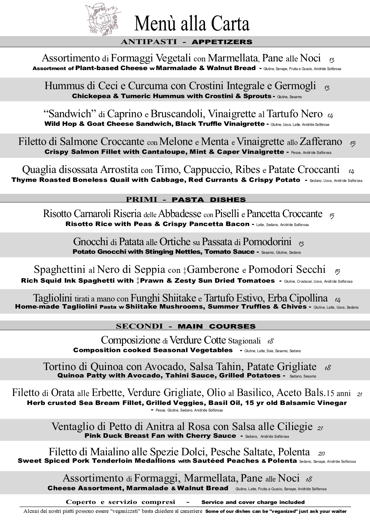 menù alla carta