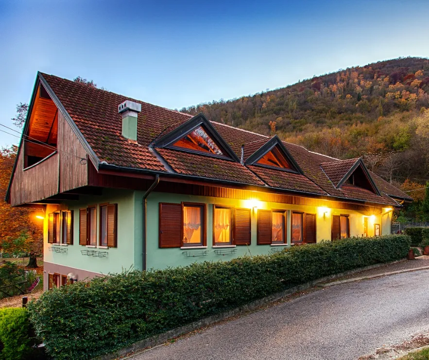 Restaurant exterior at sunset